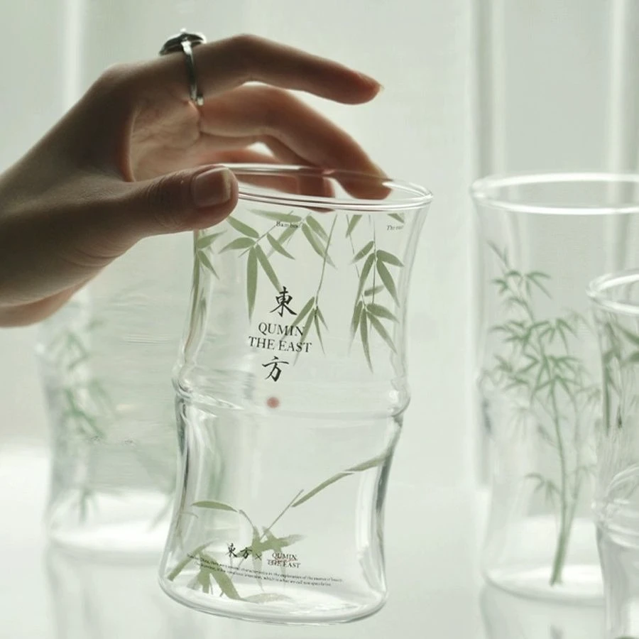 New Chinese Style Green Bamboo Joints Glass Cup High Appearance Level Household Office Teacup Simplicity Creative Round Milk Cup