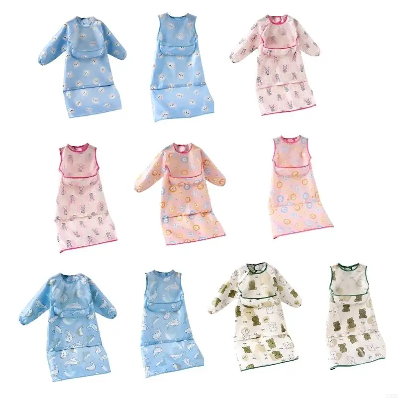 K92D Baby Weaning Bib Lovely Pattern Print Sleeveless/Long Sleeve Highchair Coveralls