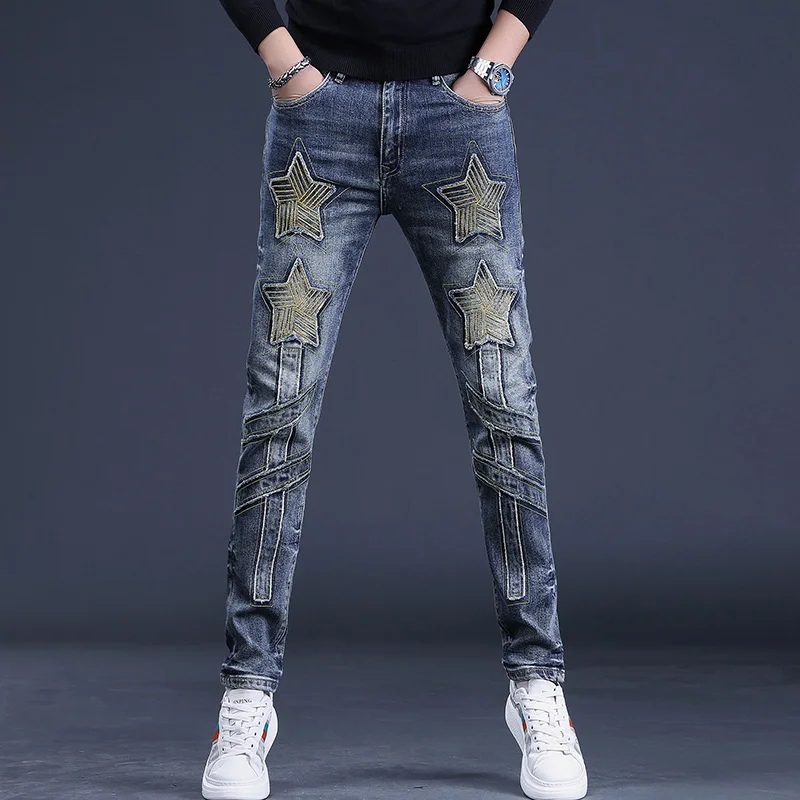 Autumn Star Embroidery Blue Jeans Men Streetwear Casual Patches Denim Slim Fit Straight Pants