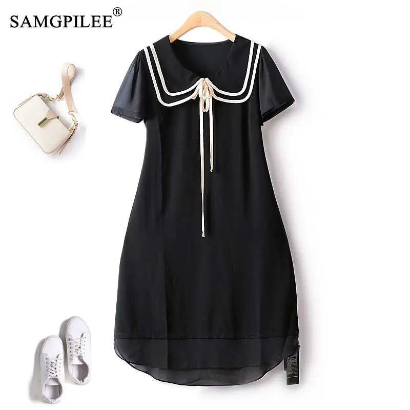 

Tea Break Dresses For Women 2023 Summer New College Peter Pan Collar Stickers Cloth Bow Black Slim Drape Commuting Female Dress
