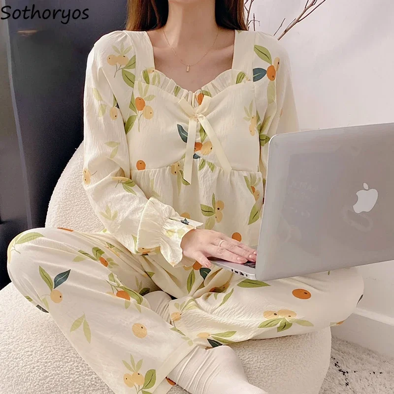

Flare Sleeve Pajama Sets Women Sweet Sleepwear Print Bow Design Tender All-match Ulzzang Soft Lounge Comfortable Chic Creativity