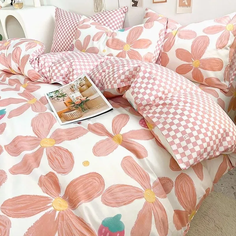 Kawaii Bedding Set Kids Adult Flat Sheet Duvet Cover Pillowcase Single Double Full Size Bed Linen Floral Cherry Home Textile