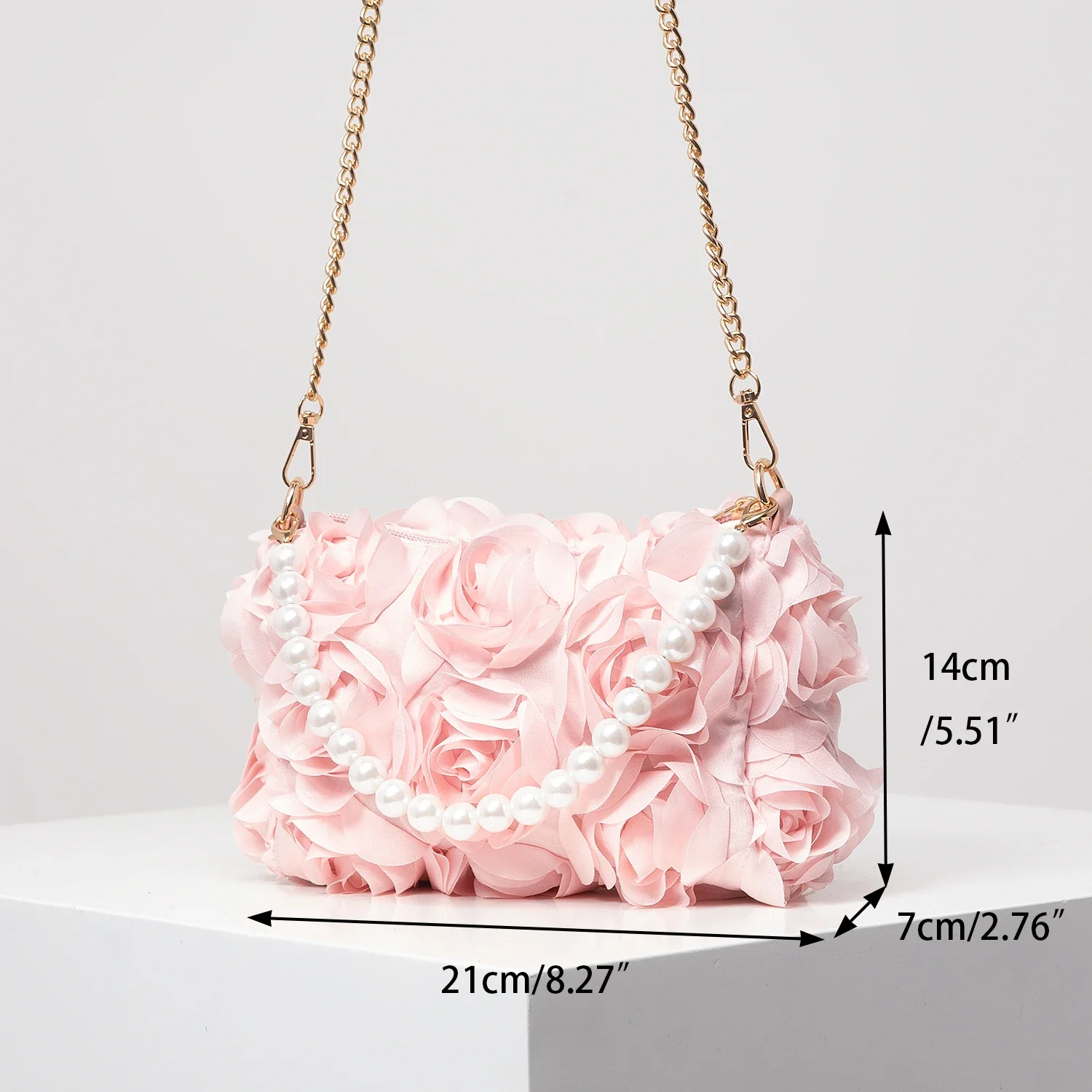 Elegante bolso de cena con flores rosas, bolso de perlas de imitación, bolso cruzado con cadena de metal, bolso de novia (patrón aleatorio)