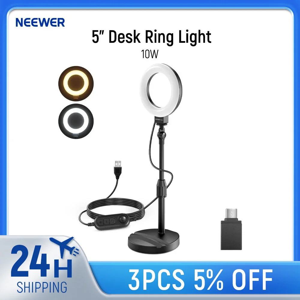 NEEWER Basics 5 "مصباح حلقي مكتبي مع حامل، قاعدة حامل هاتف، مصباح سيلفي LED 10 وات متوافق مع iPhone لتسجيل الفيديو