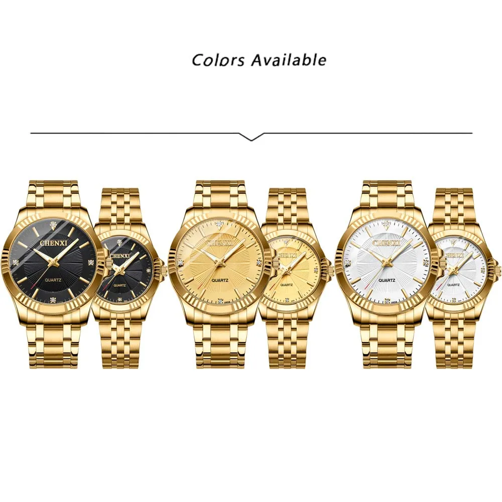 CHENXI  Couple Watches for Men & Women Gold Plated with Diamonds Business Style Quartz Watch Waterproof  Gift for Couple