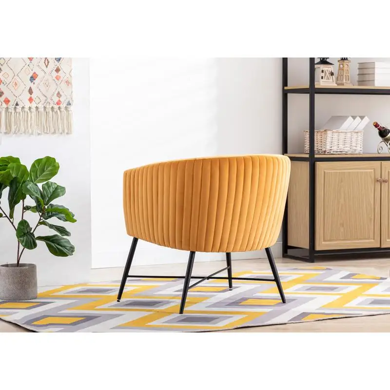 Stylish Yellow Orange Velvet Accent Chair with Clean Lines and Black Metal Legs for Modern Living Room Furniture
