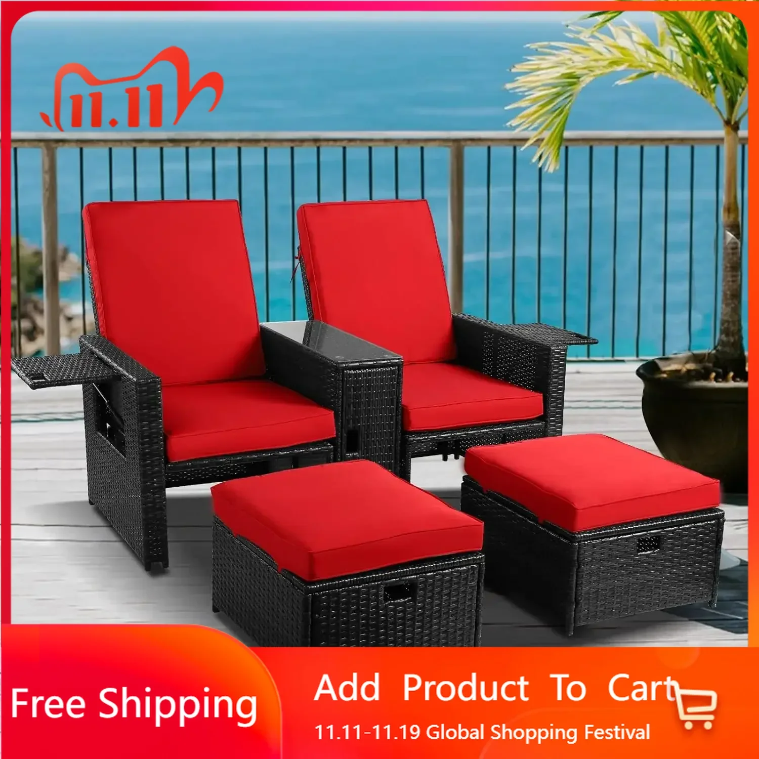 5pcs Patio Wicker Loveseat - Outdoor Rattan Sofa Set with Cushion-Adjustable Lounge Chair with Ottoman Footrest,Wicker Furniture