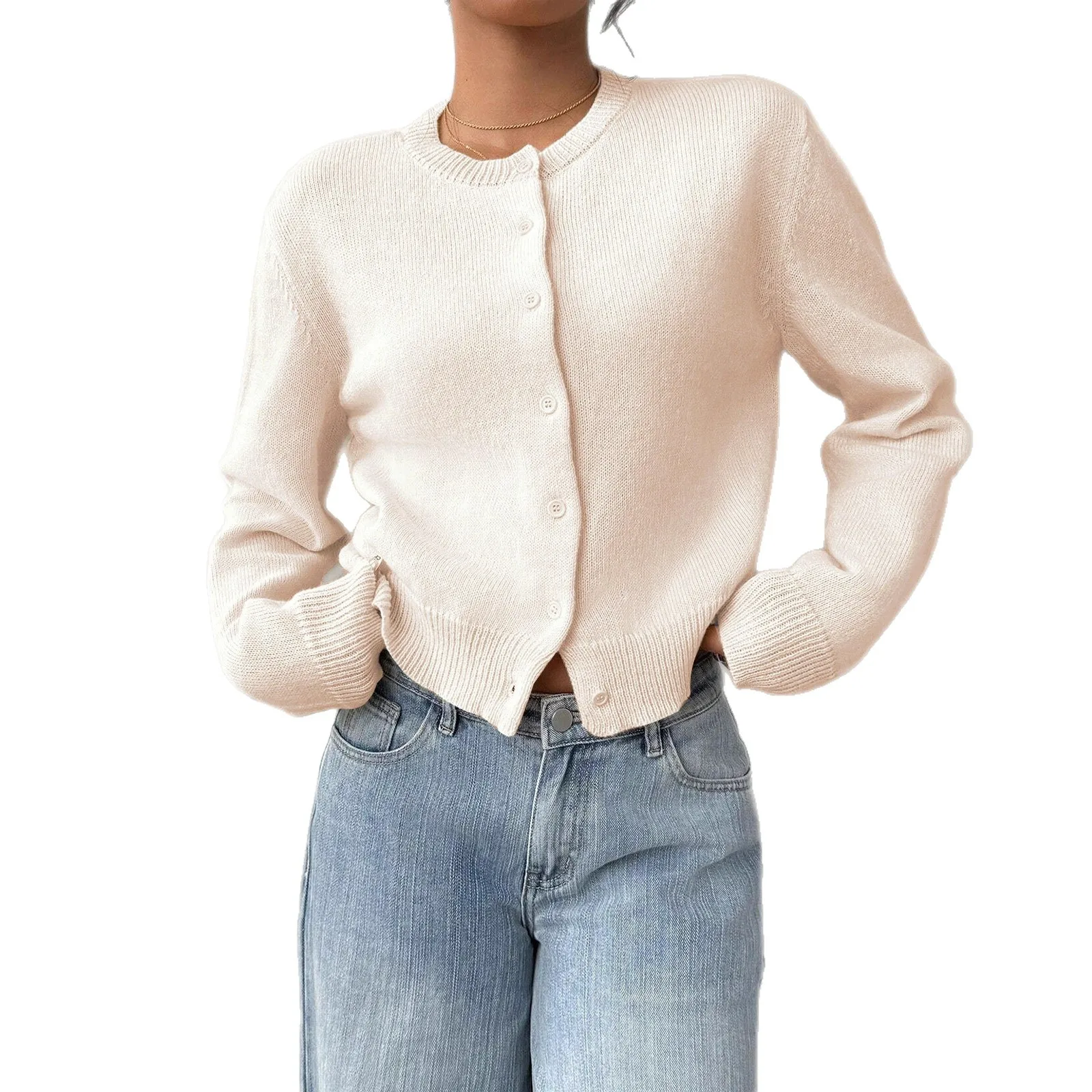 ファイオナブル レディース 薄手 丸首 ロング丈 ボタン付きセーター 通勤 スタイリッシュ コート 無地 その他素材 00%