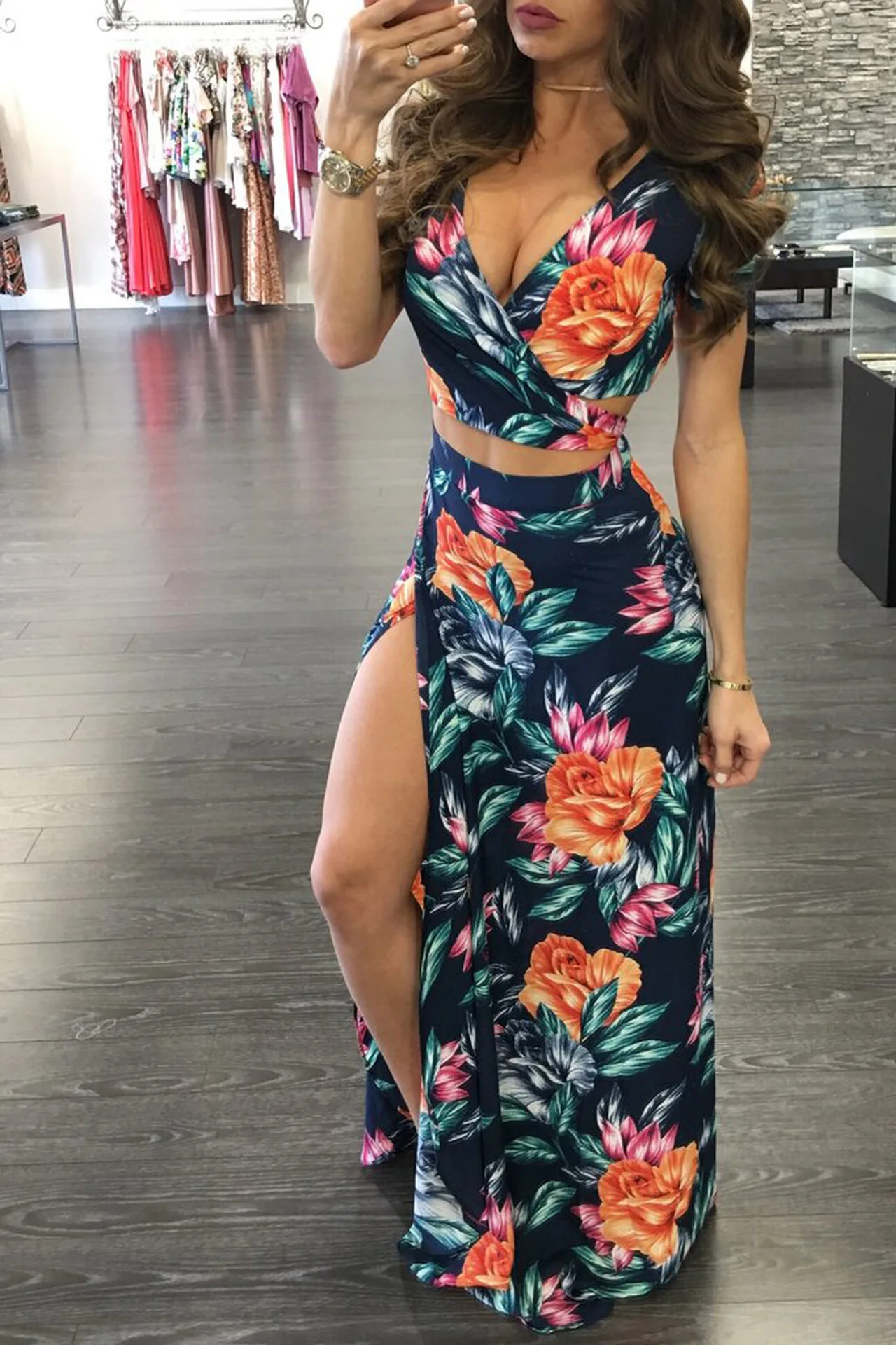 Summer New Women Skirt Two Piece Set Floral Printed Slim Slit Skirt Sets Sexy Crop Top And 2 Piece Suits Bohemian Party Outfits