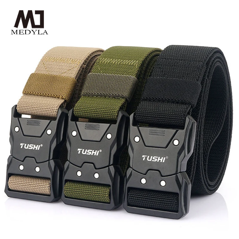 MEDYLA Elastic Belt Metal Buckle Men Military Tactical Belt High Strength Elastic Nylon Soft No Hole Army Belt MD8009