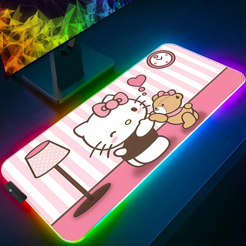 لوحة ماوس LED Hello Kitty Edge White Gamers Decoracion Gamer Desk Mat RGB Mousepad XXL ملحقات الألعاب حصيرة لوحة المفاتيح بإضاءة خلفية #1