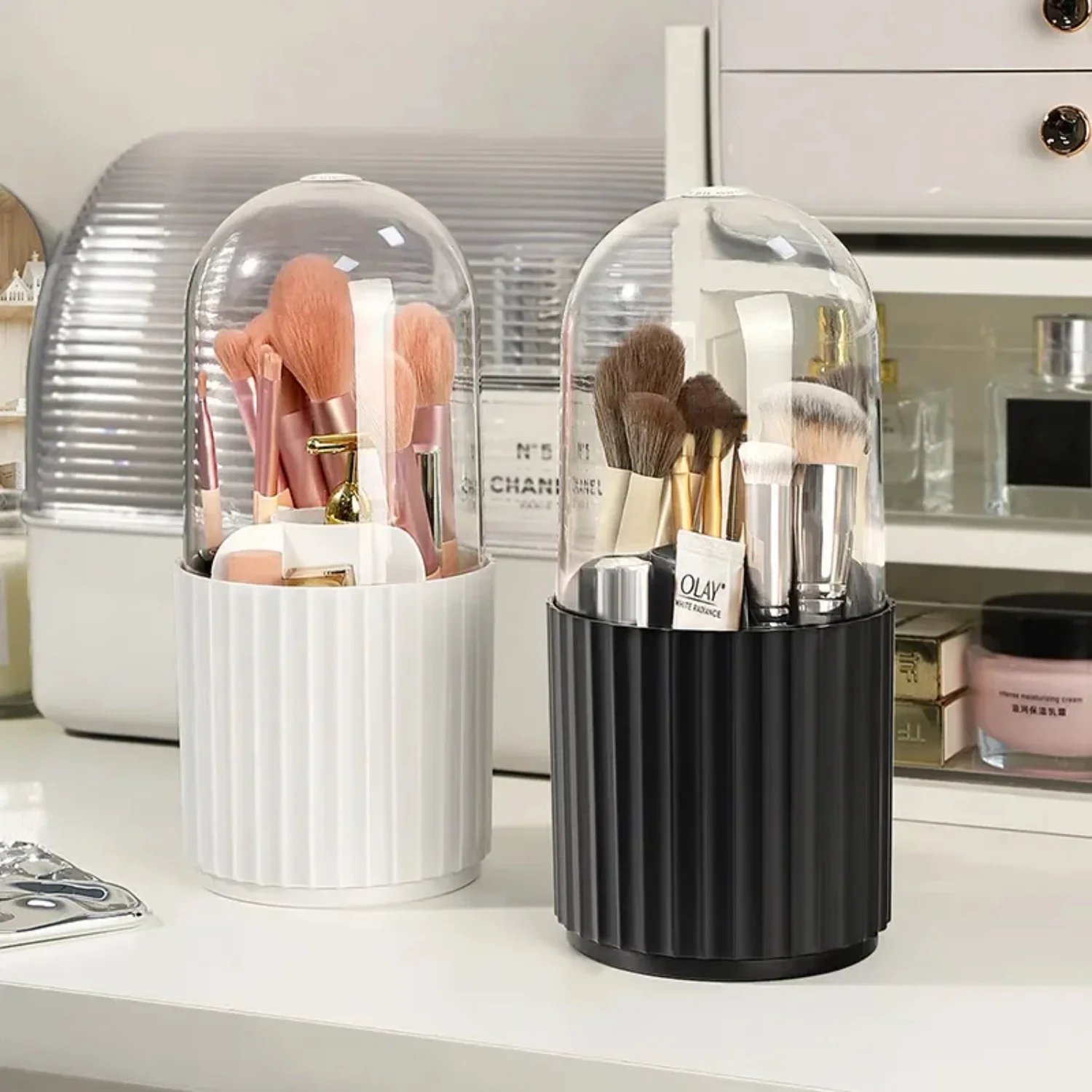 

Rotating Makeup Brush Holder with Lid Makeup Brush Holder Organizer Vanity Desktop Countertop Dresser Table