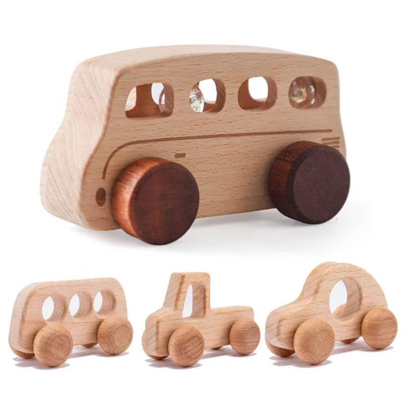 Baby Beech Wooden Baby Car Toys Wooden Cartoon Model Car Blocks Educational Montessori Toys For Children Teething Baby Teether