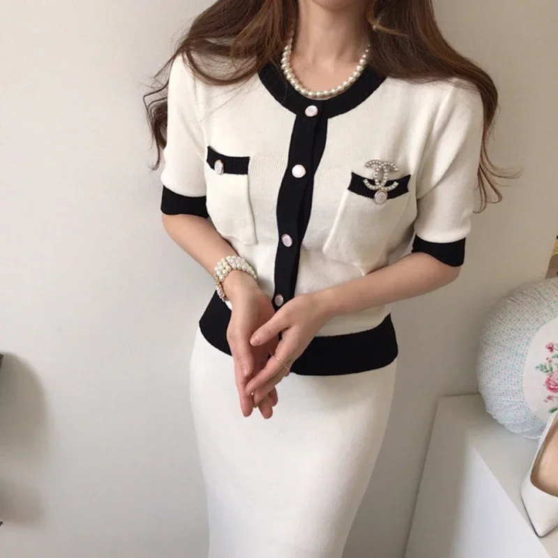 New Korean Fashion Knitted Cardigan Women Hit Color Single Breasted Short Sleeve O-neck Tops High Waist Long Skirt 2 Piece set