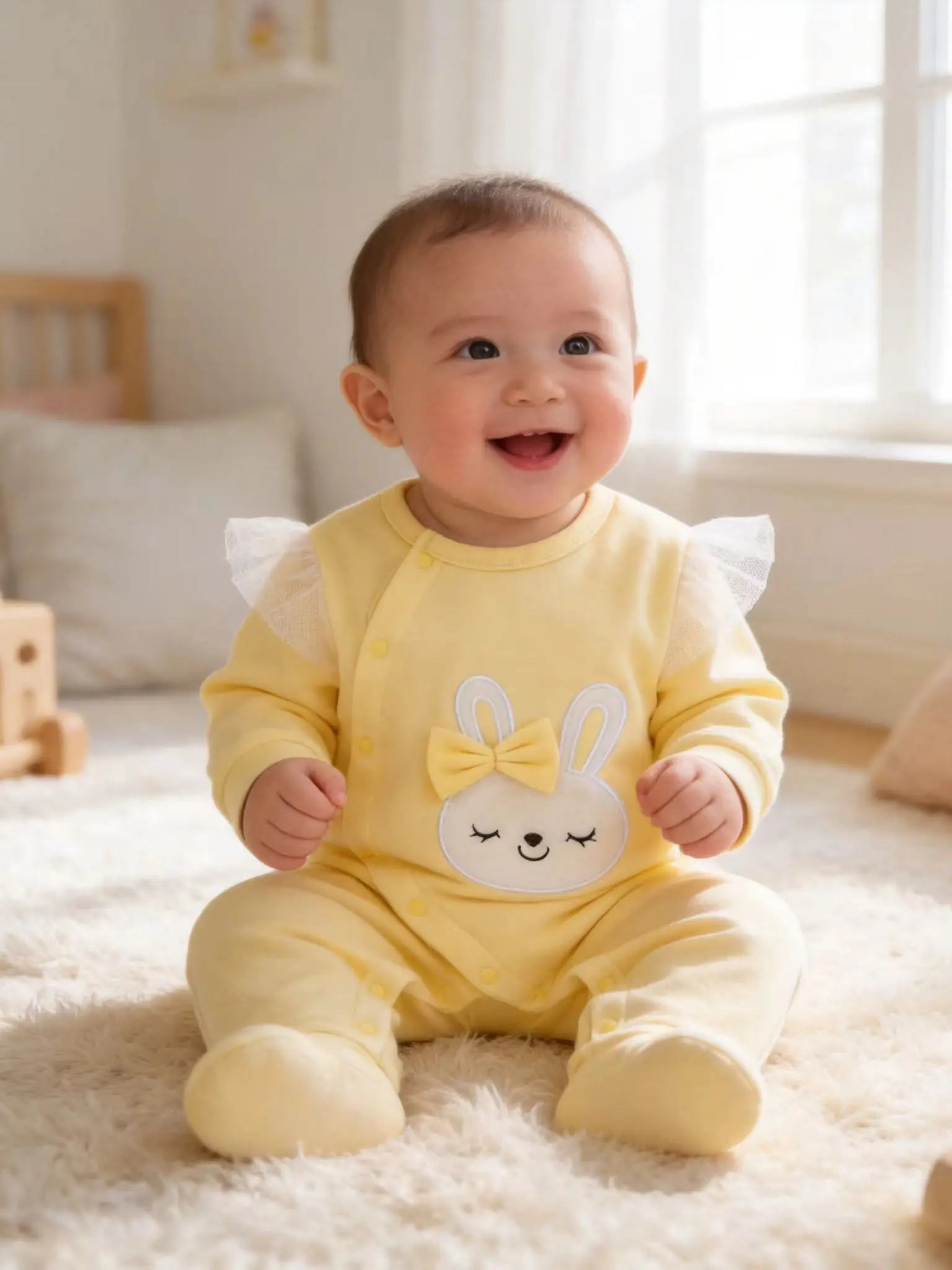 Neugeborenes Baby Mädchen Frühling & Herbst Strampler mit langen Ärmeln aus reiner Baumwolle, niedlicher gelber Cartoon-bestickter Hase. – Detail 4