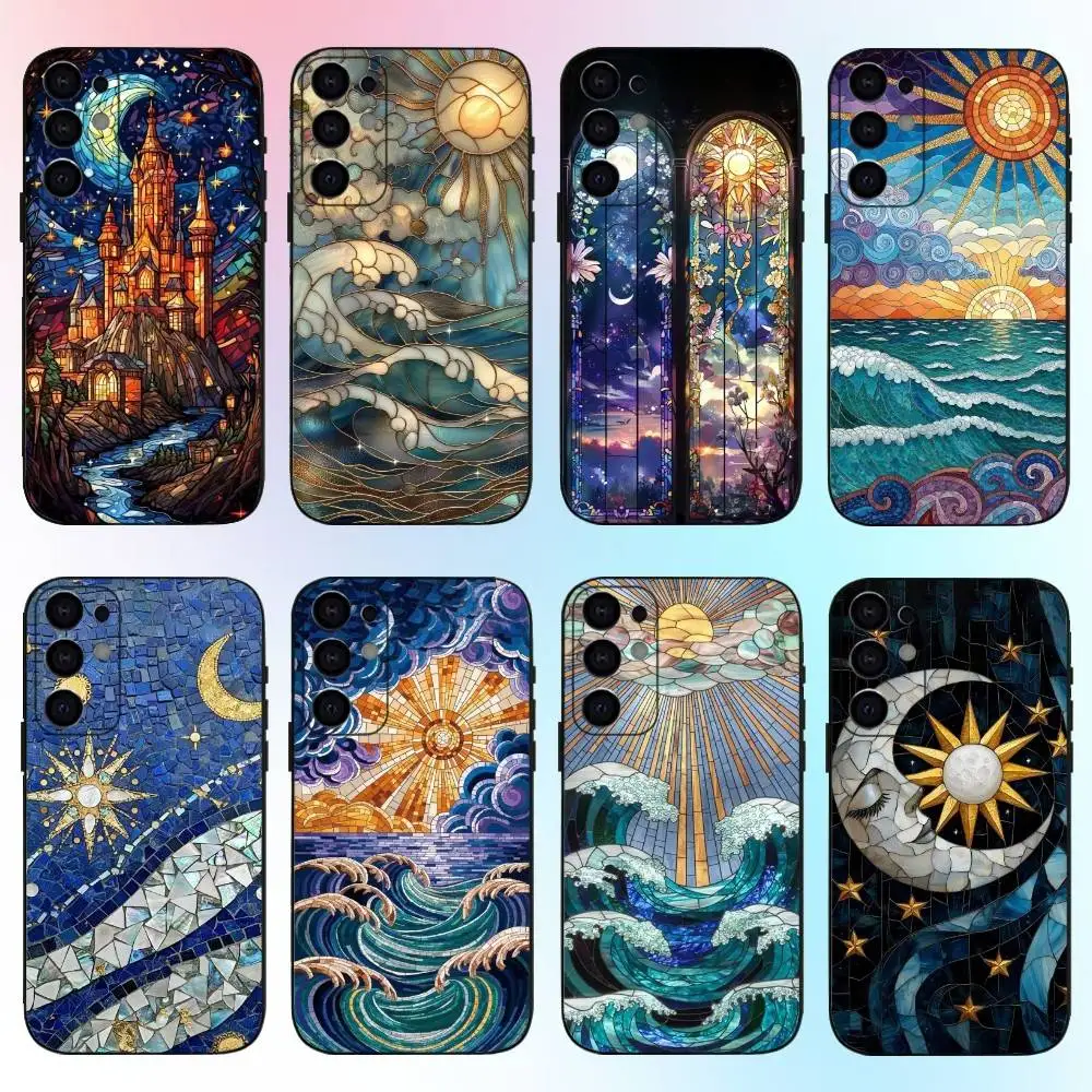 Glass Printed Sun & Moon  Phone Case For Samsung S25,S24,S21,S22,S23,S30,Ultra,S20,Plus,Fe,Lite,Note,10,9,5G Black Cover