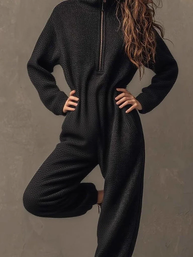 الخريف الشتاء الرياضة نمط الصلبة حللا الأزياء الوقوف طوق سستة Playsuits وزرة سيدة طويلة الأكمام فضفاضة تخفيف السروال القصير