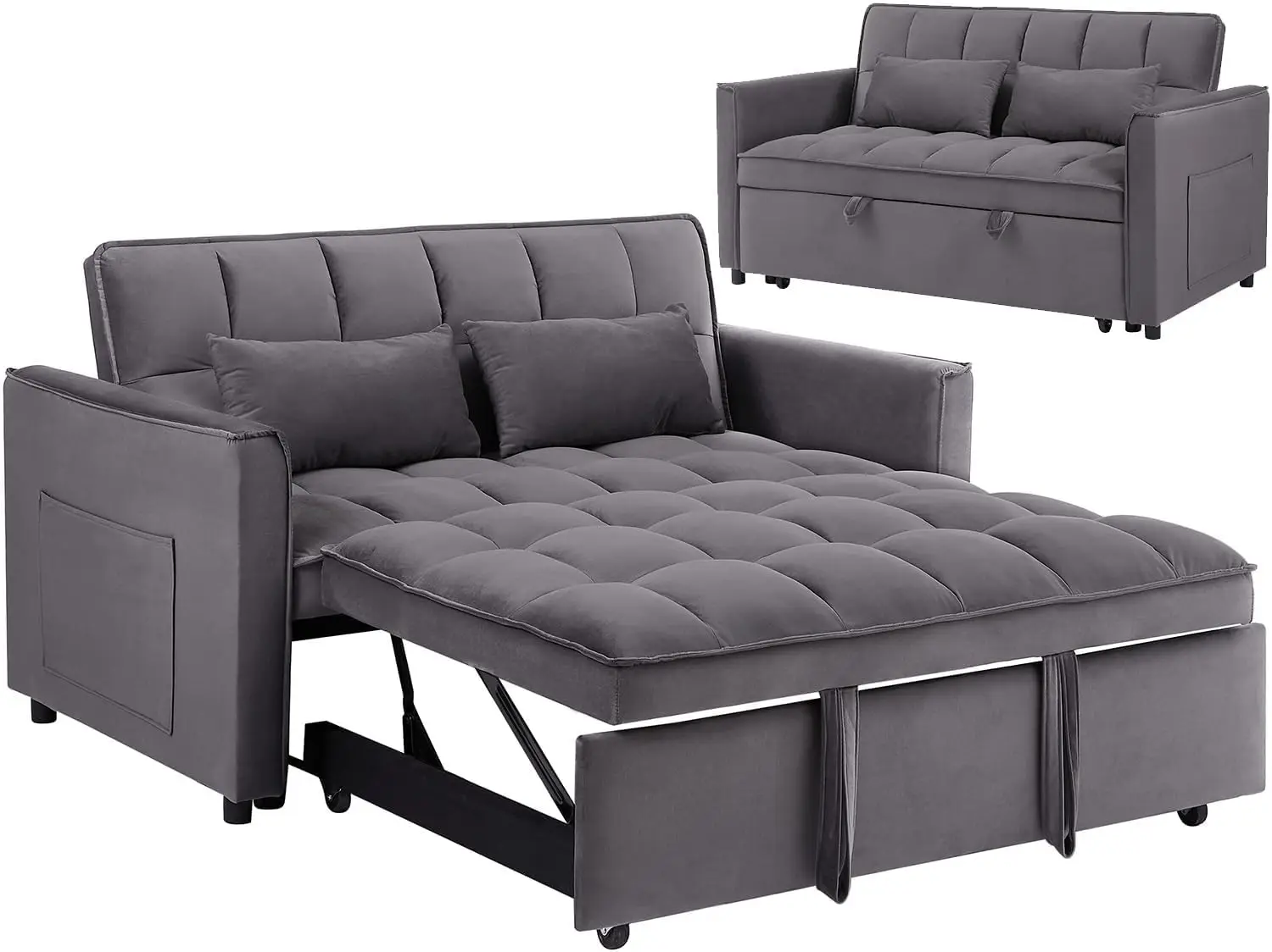 3 In 1 Sleeper Sofa Couch Bed, Velvet Convertible Sofa Bed With Armrests, Storage Pockets & 2 Pillows, Modern Sofa Bed Couch