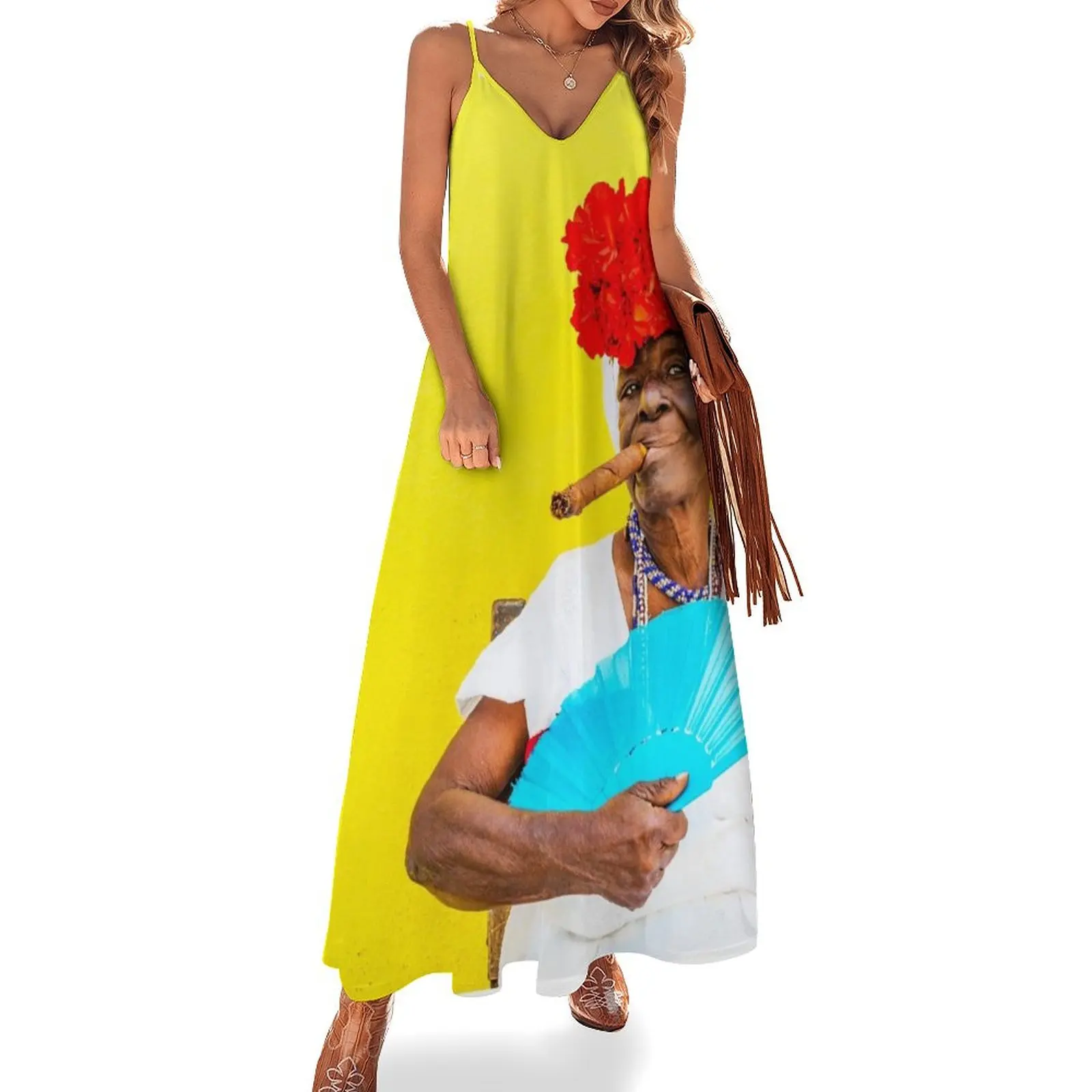 

Cuban Woman In Havana With Cigar Sleeveless Long Dress Long dresses Women's summer skirt Evening dresses women dress Dress