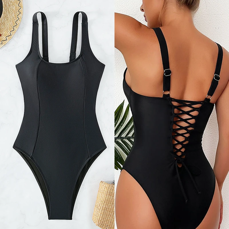 Women Sexy Black Strapped Swimwear Summer Backless Cross One Piece Swimsuit Monokini Hollow Summer Beach Bathing Suits