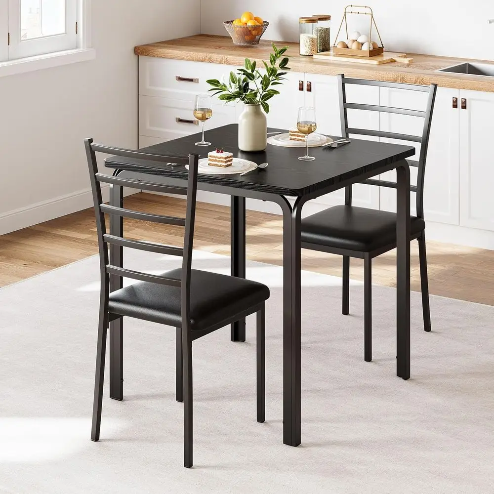 3-Piece Kitchen Dining Room Table Chair Set or Small Space, Indoor ern Dinette Set or 2, Square Dinner Table Set or Dinette (Bla