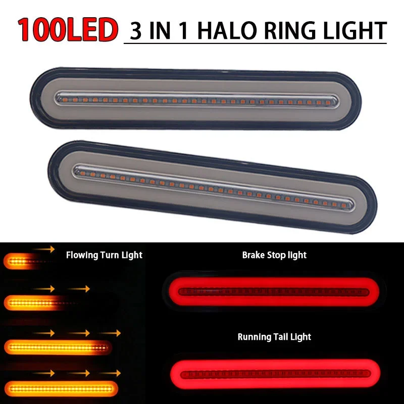 2x Waterproof LED Trailer Truck Brake Light 3 in1 Neon Halo Ring Tail Brake Stop Turn Light Sequential Flowing Signal Light Lamp