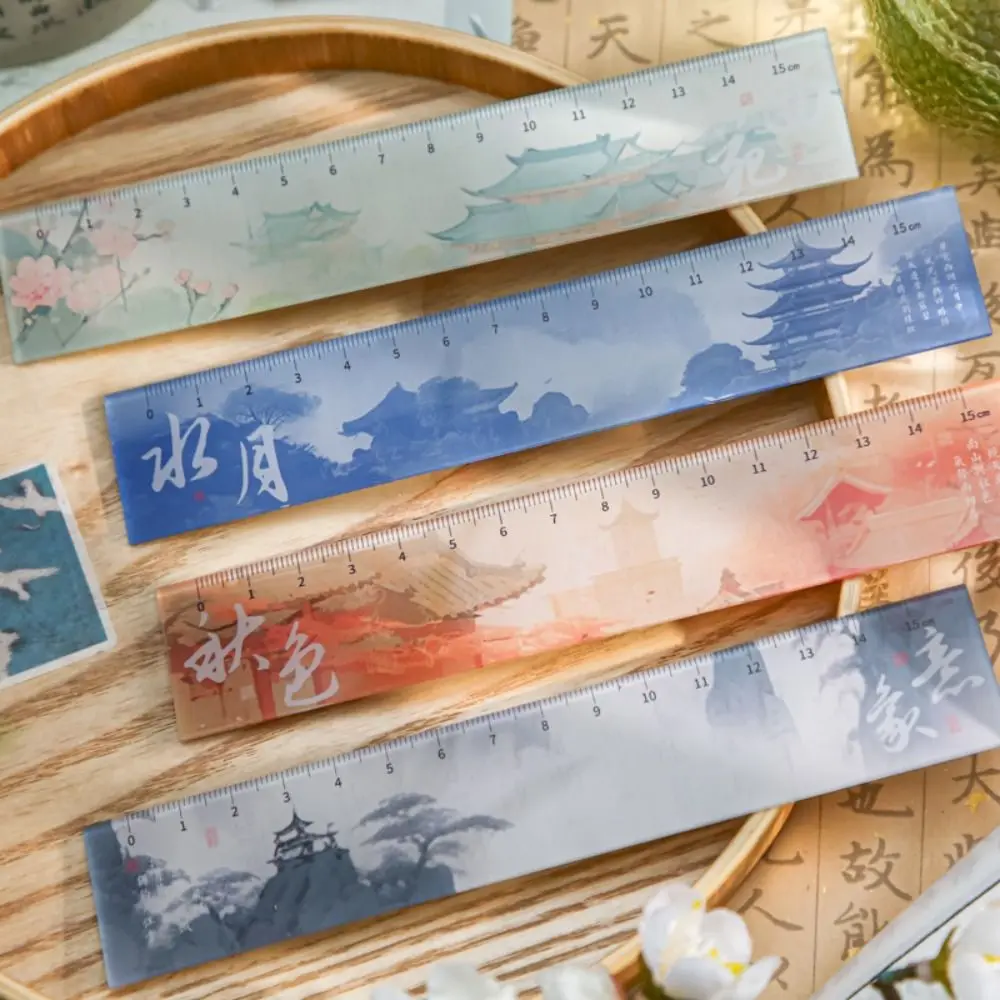 DIY Drawing Tools 15cm Drafting Straight Ruler Multifunctional Bookmark Dividing Ruler Acrylic Oriental Scenery Series