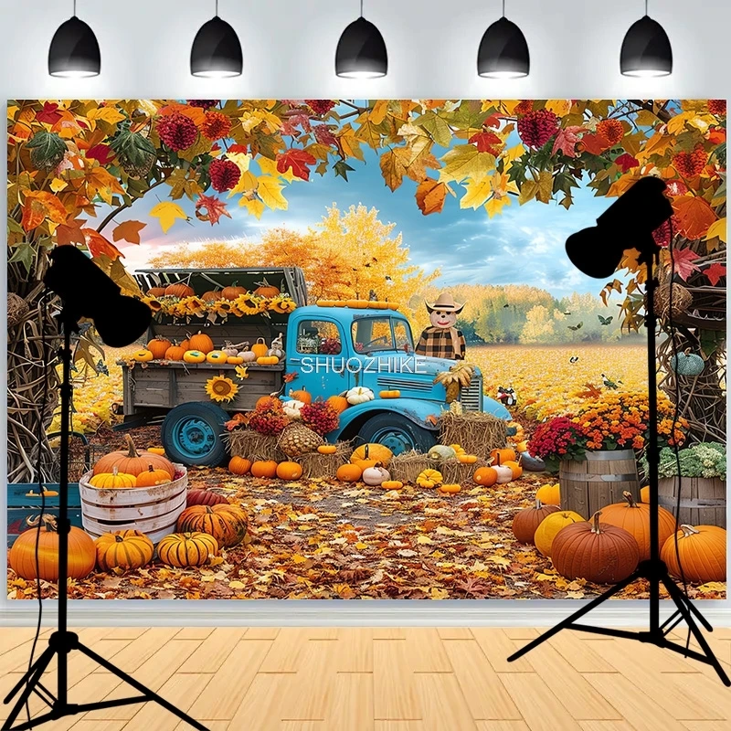 

SHUOZHIKE Autumnal Pumpkins Farm Photography Backdrops Props Halloween Fall Field Maple Leaf Scarecrow Fence Background FM-02