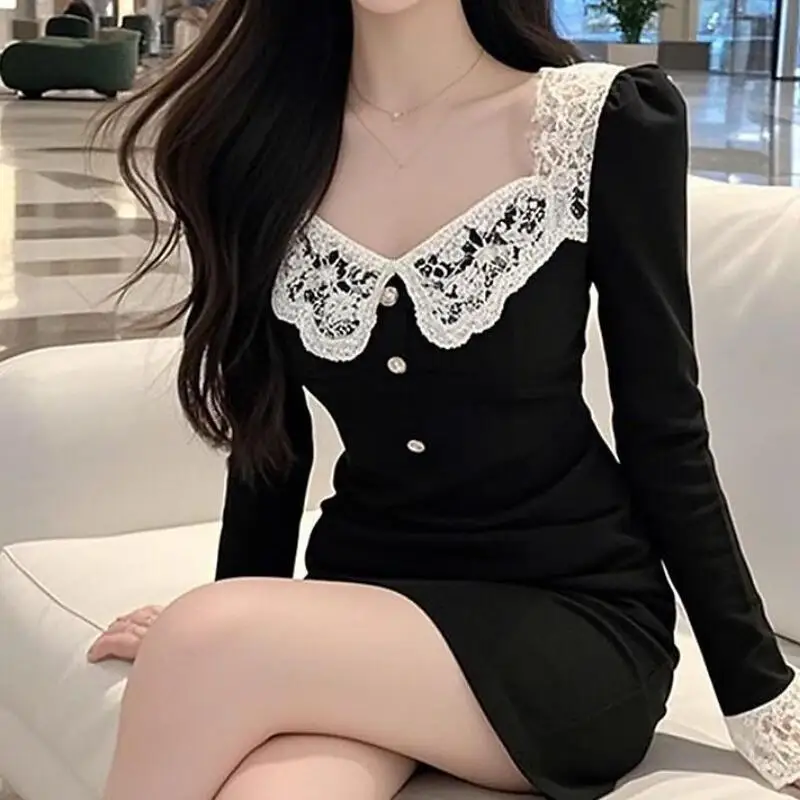 

Сексуальная кружевная юбка в стиле Pure Desire с квадратным воротником, модная маленькая черная юбка для похудения и похудения, короткая одежда для женщин