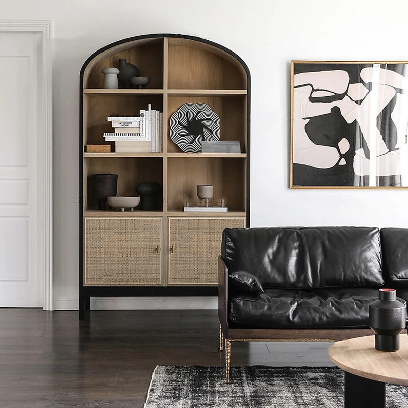 خزانة كتب من الخشب الصلب لغرفة المعيشة، باب من الخيزران، خزانة عرض مزخرفة، خزانة تخزين أرضية فرنسية عتيقة #6