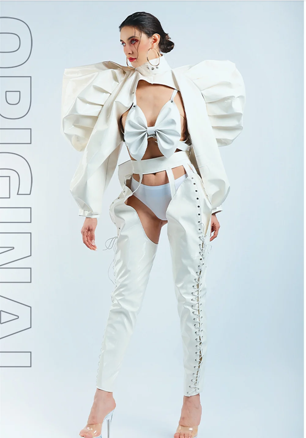 

White Pu Leather Butterfly Spine Outfit Futuristic Clothing Gogo Dancer Costumes DJ Ds Rave Outfit Drag Queen Cltohes yj422