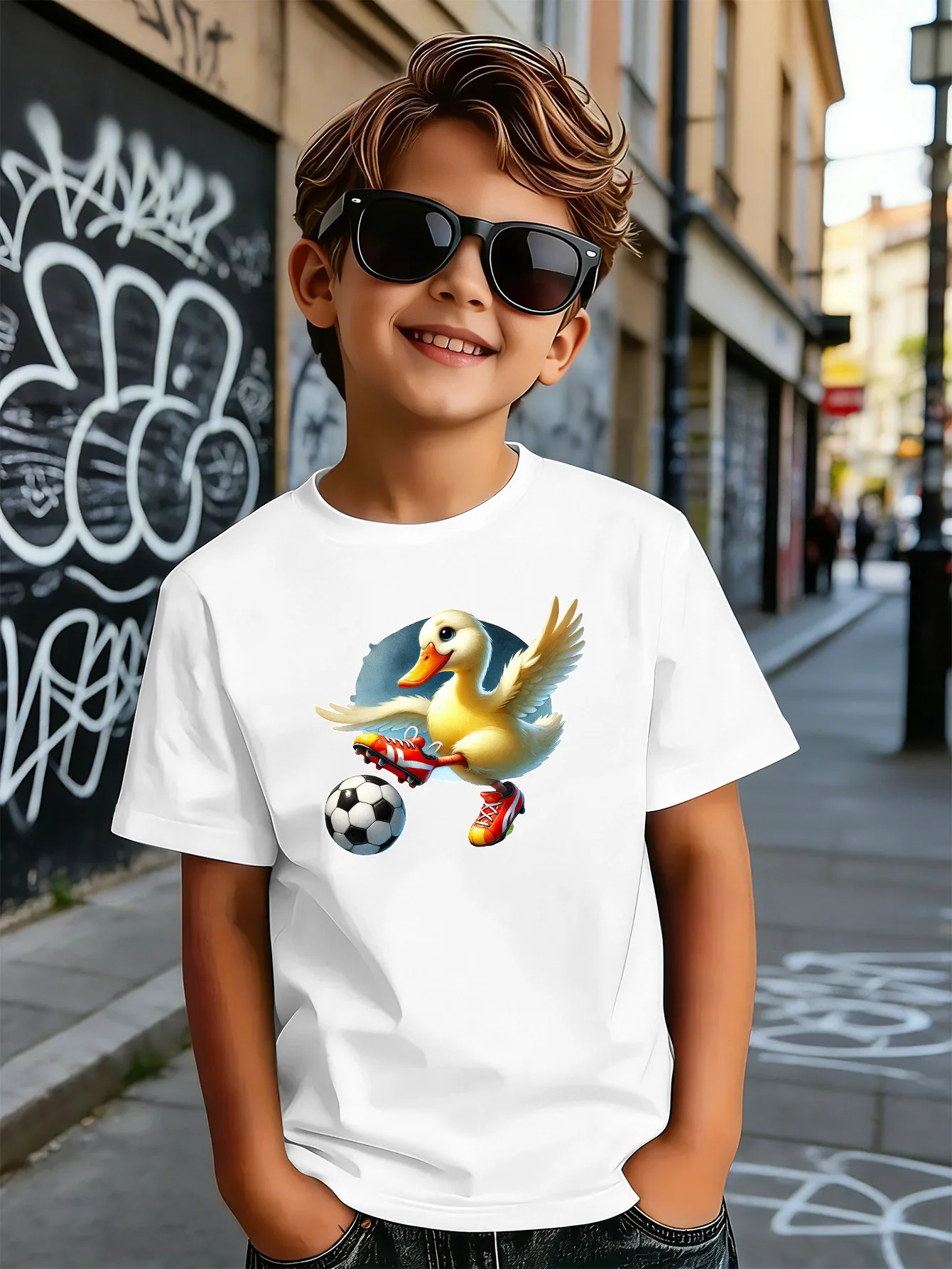 Funny Football Duck Sport Cartoon Print Boys Girls Family Matching Cotton Short Sleeve Crew Neck Soft Summer Kids Casual Tees
