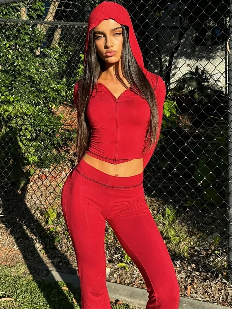 XIZOU Tracksuits Patchwork 2 Piece Set Women Fall Hooded Full Sleeve Short Jacket+Casual Skinny Trouser Matching Streetwear