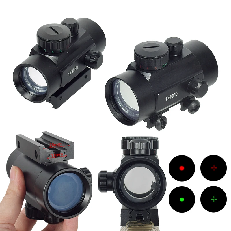 1x30 1x40 Holographic Red Green Dot Scope Sight Single-Tube Adjustable Telescope Tactical Riflescope 1 inch Riser Mount 11/20mm