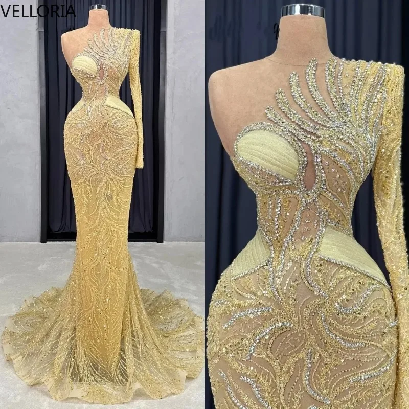 

Luxury Evening Dresses for Women One Shoulder Long Sleeves Gown Sequins Crystal See Through Sweep Train Party Dress Customized