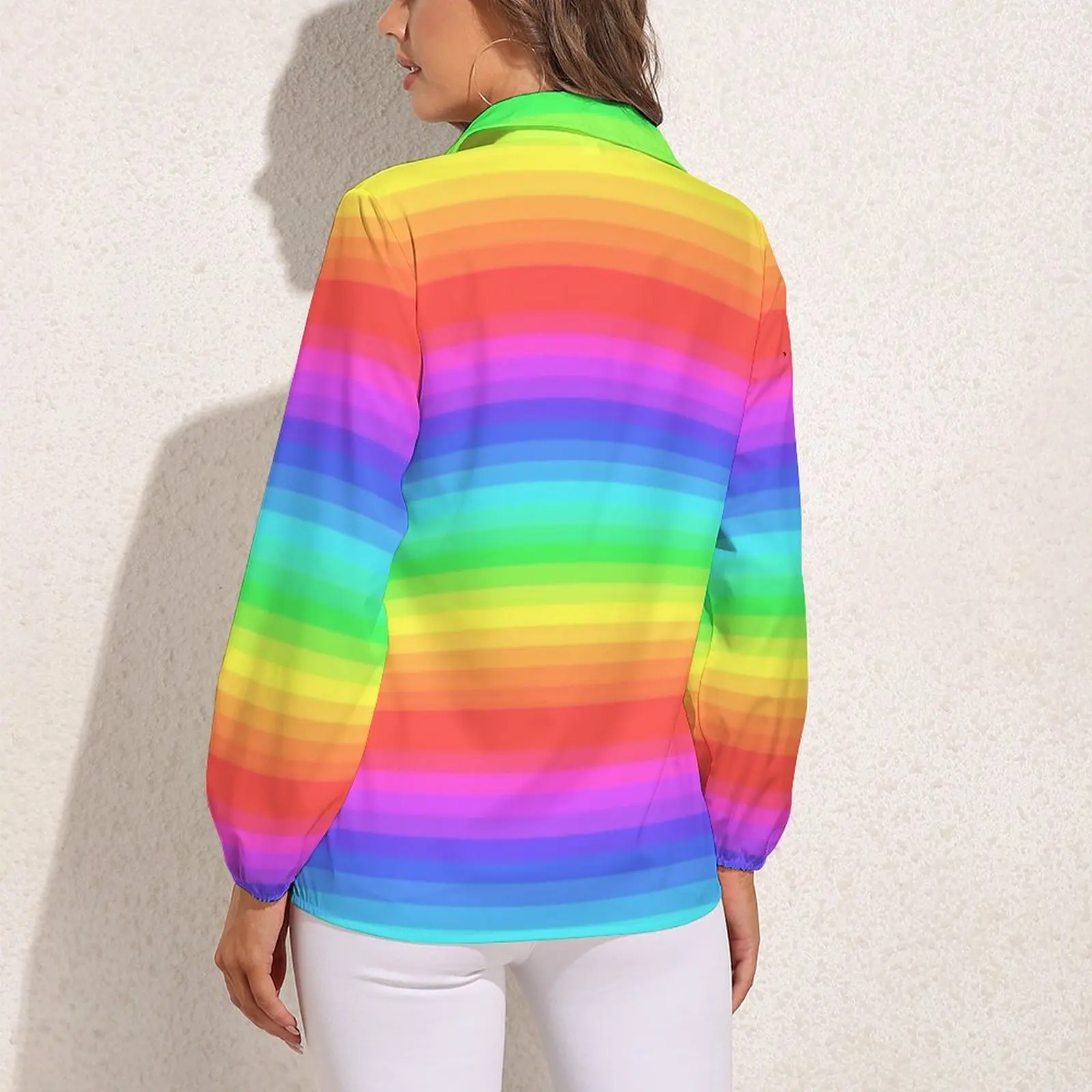 Bright Rainbow Blouse Long-Sleeve Colorful Stripes Print Office Work Blouses Womens Streetwear Oversized Shirts Cute Top Present