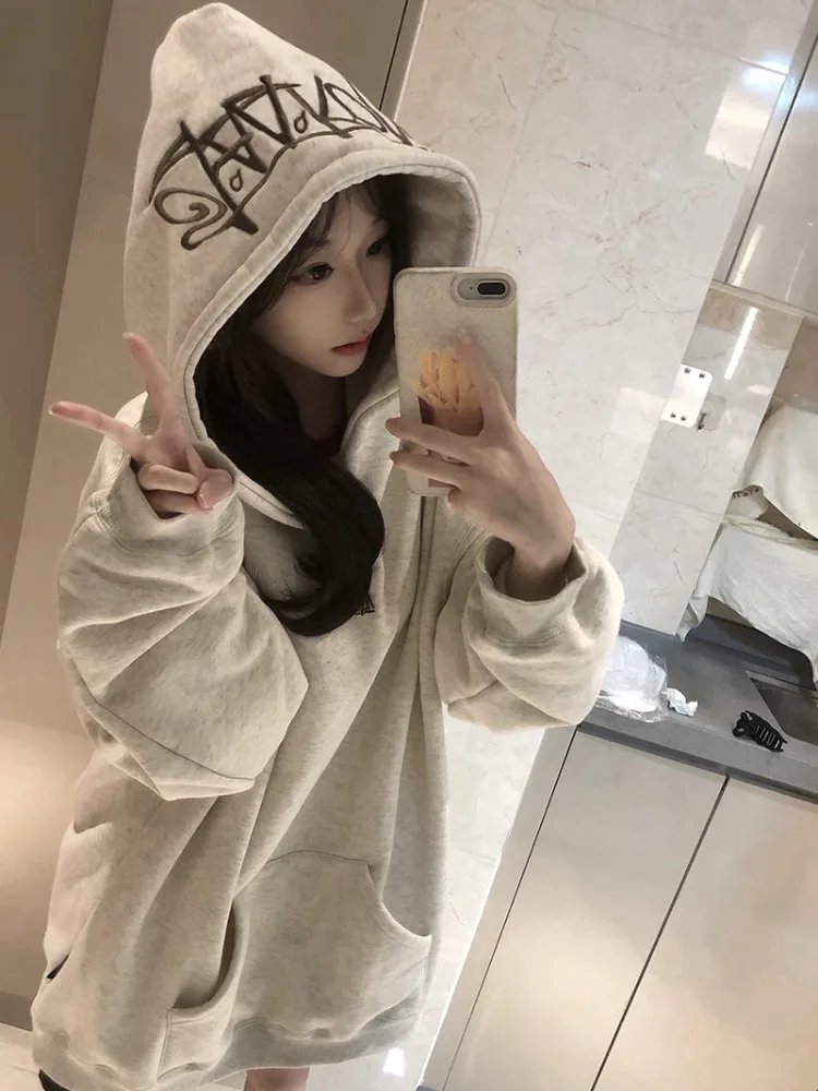 

Hikigawa Chic Fashion Women High Street Letter Embroidery Hoodies Coats Autumn Loose Vintage Casual All Match Jackets Mujer