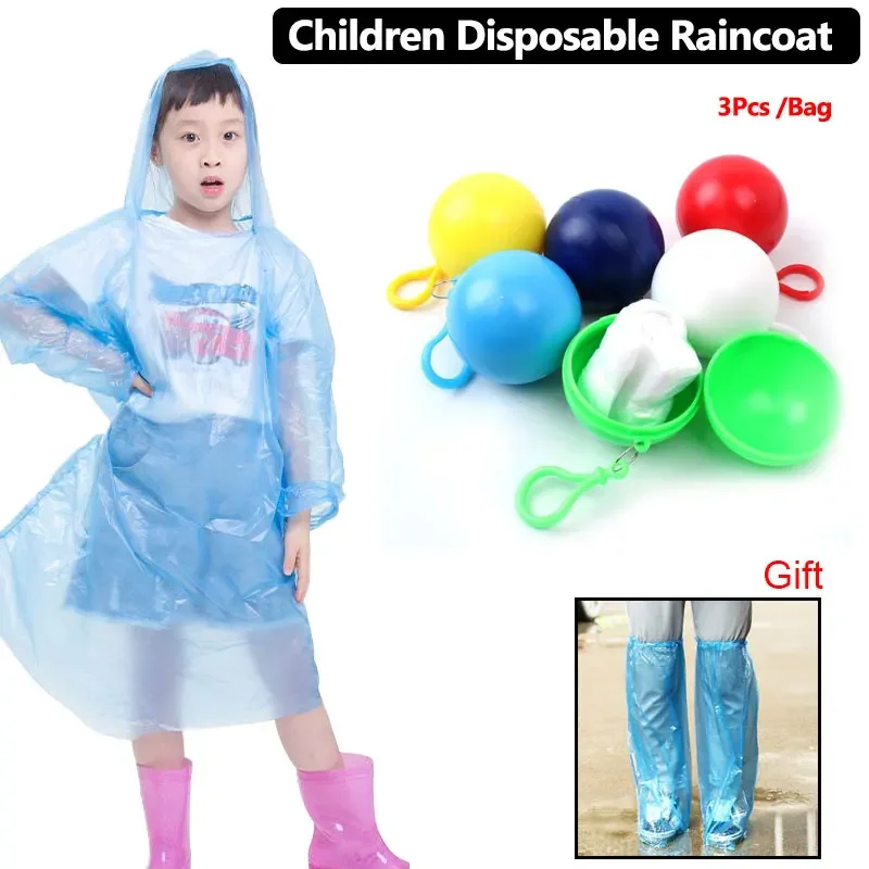 1/3PCS For Children Portable Disposable Raincoat with Rain Shoe Cover Rainwear Hooded Poncho Rain Suit Keyring Ball Wholesale