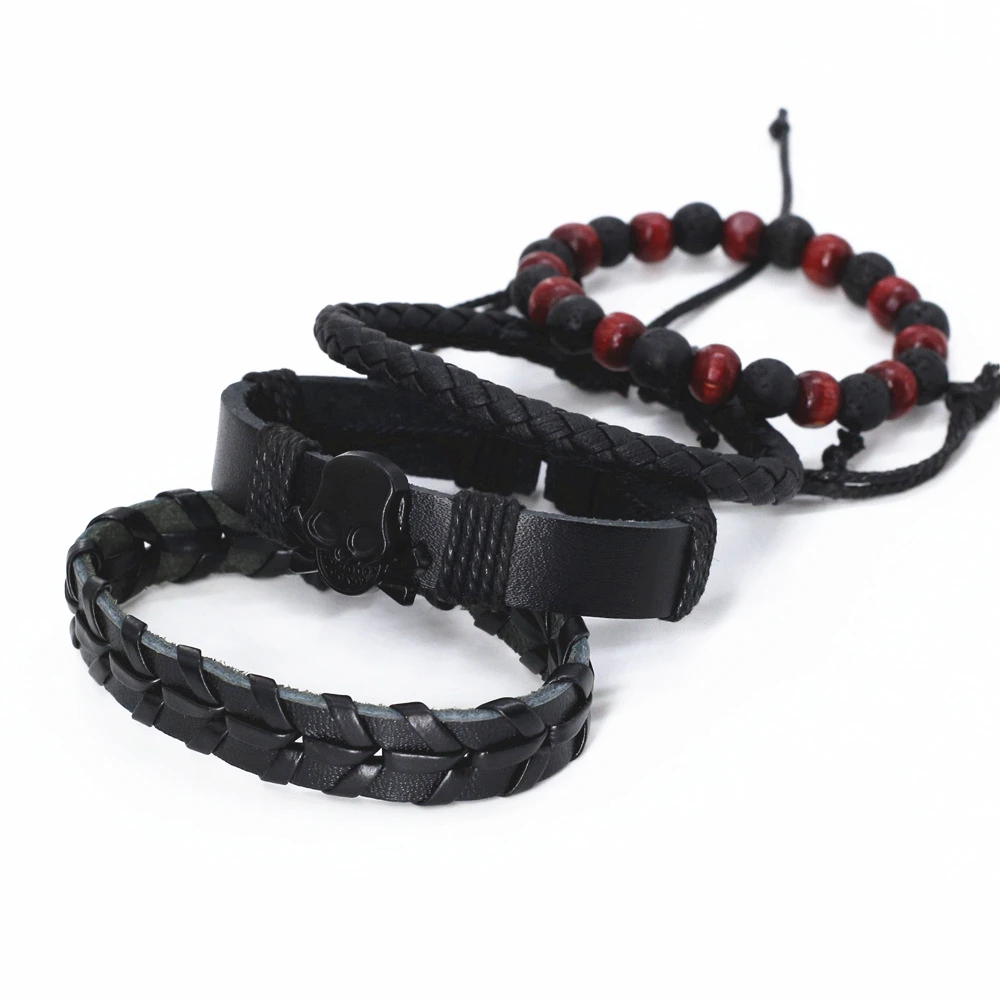 New Volcanic Stone Beaded Men Bracelets Genuine Leather Woven Black Skull Charm 4 Pcs/Set Homme Male Jewelry