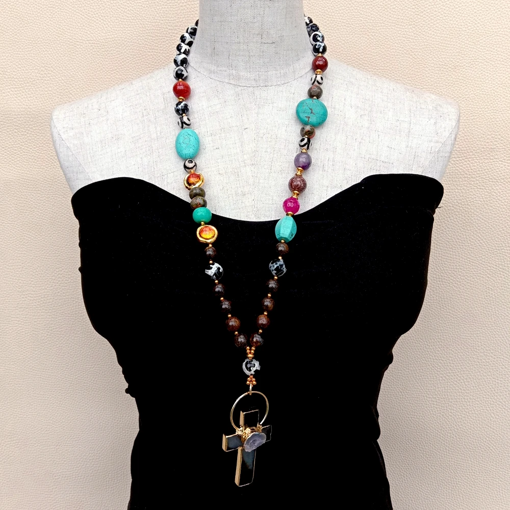 Agate Turquoise Murano Glass Long Necklace Agate Druzy Cross Pendant Religion Jewelry