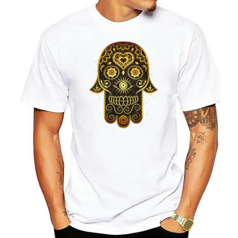 Hamsa T Shirt Men Tshirt Skull Print High Quality Crewneck 100% Cotton Tops Tees Birthday Amulet T-shirts Garden Of Good Evil