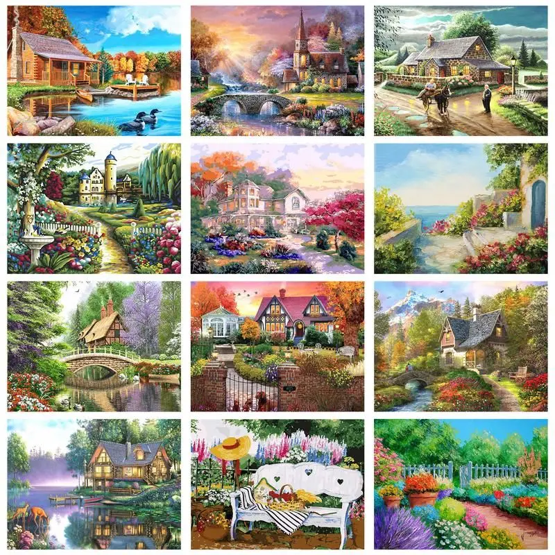 

CHENISTORY DIY Painting By Numbers House Landscape Tree Oil Painting Home Decor HandPainted Canvas Drawing Gift