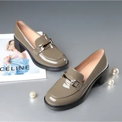 Patent Leather Loafers Women Mid Heel Leather Shoes 2026 New Thick Heel Women's Shoes Pumps Black Heels Ladies Shoe