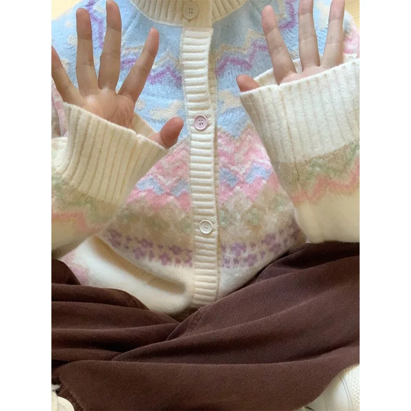 Women Autumn Winter Korean Fashion Button Color Blocking O-neck Knitting Women Clothes Preppy Style Loose Cardigan Sweater Tops
