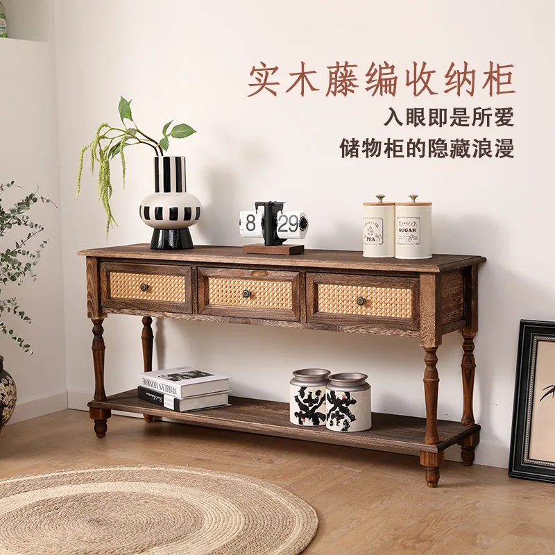 Vintage Sideboard, Solid Wood Entryway Storage Cabinet with Distressed Finish, Retro Buffet Server for Living Room & Dining Area