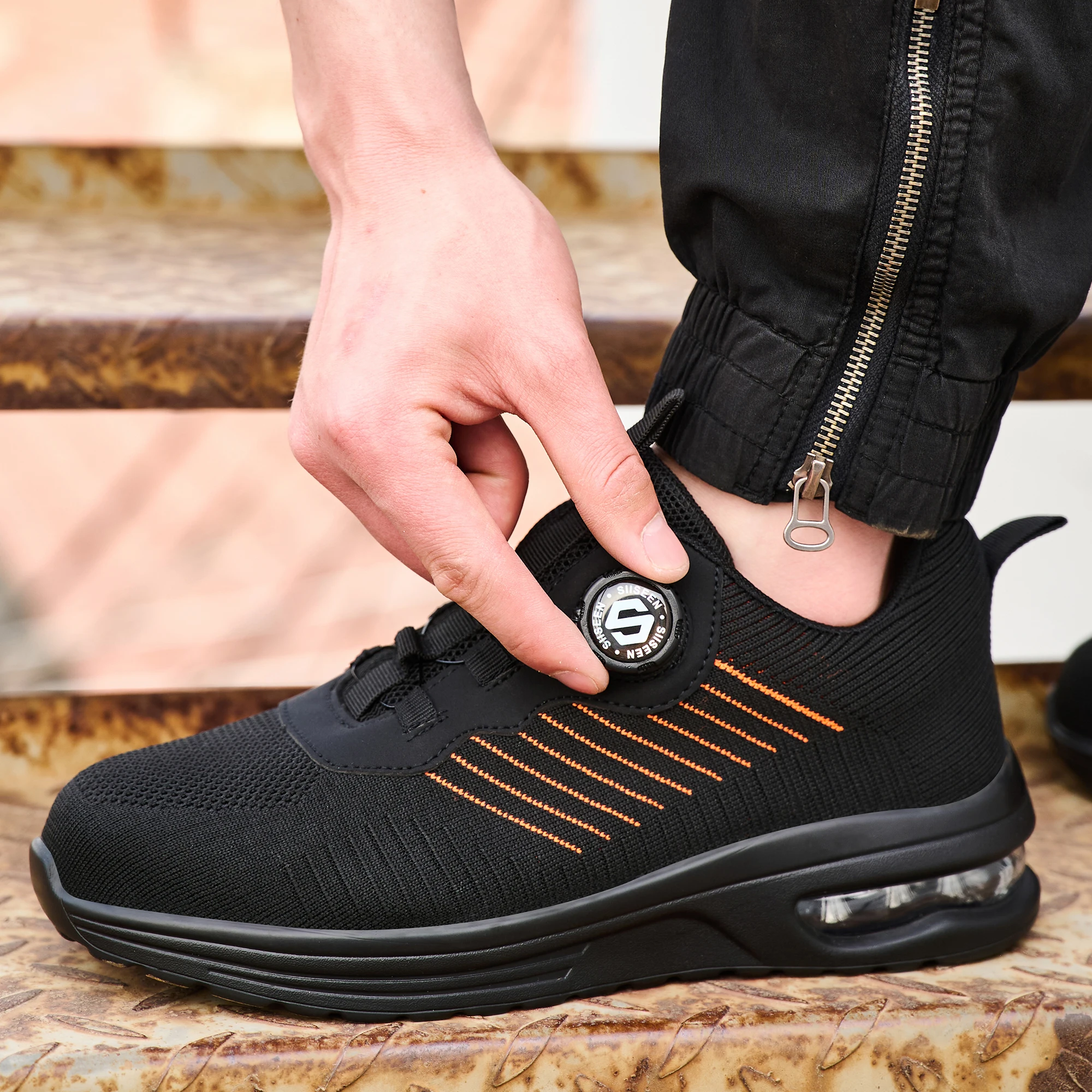 

Легкие рабочие ботинки с вращающейся кнопкой, стальным носком и защитой от проколов для мужчин, удобные рабочие кроссовки