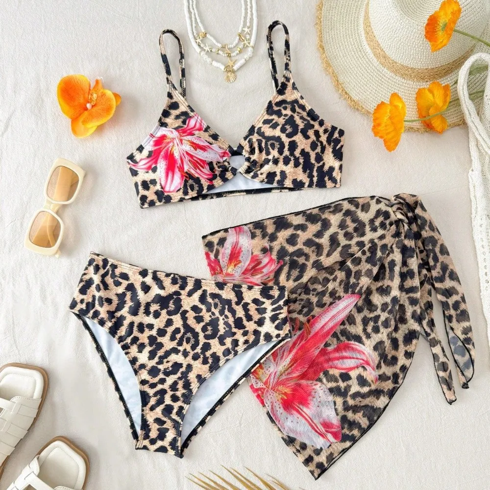 Big Girls 3pack Leopard Bikini Sets Kids Swimsuit& Beach Skirts 13-16 Years Children's Swimwear 2026 Teenagers Girl Bathing Suit