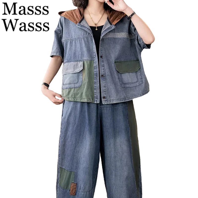

Masss Wasss Summer Jacket Outfits Womens Fashion Denim 2 Pieces Sets Hooded Loose Coats Vintage Jeans Casual Pants Luxury Suits