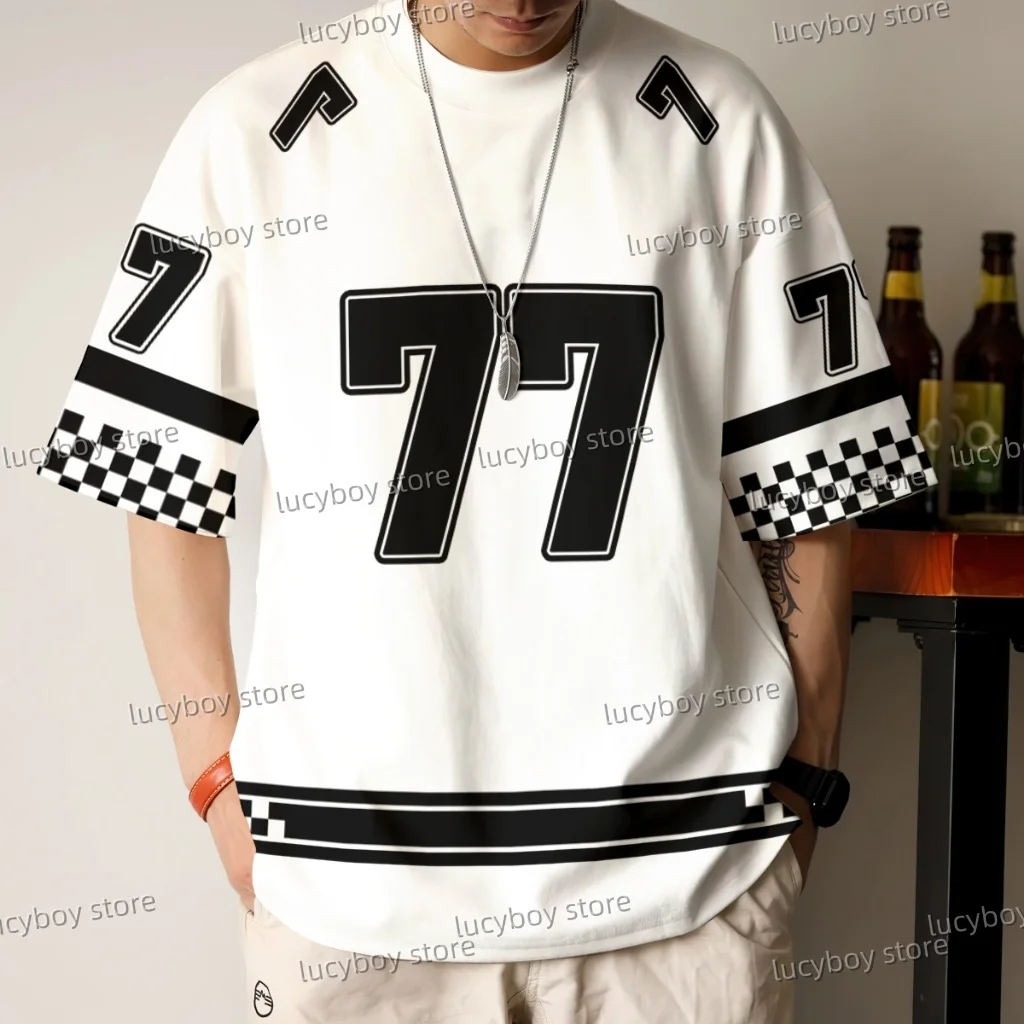 

Summer Mens Number 77 Stripe Print T-Shirt Man Short Sleeve Sportwear jersey T-Shirt Vintage Oversize Striped Tees Men Clothes