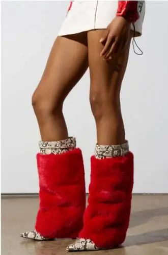 

Winter Woman Red Fur Gray Snakeskin Leather Patchwork Belt Buckle Pointed Toe Thin Heel Tube Slip On Long Boots Shoes Size 44